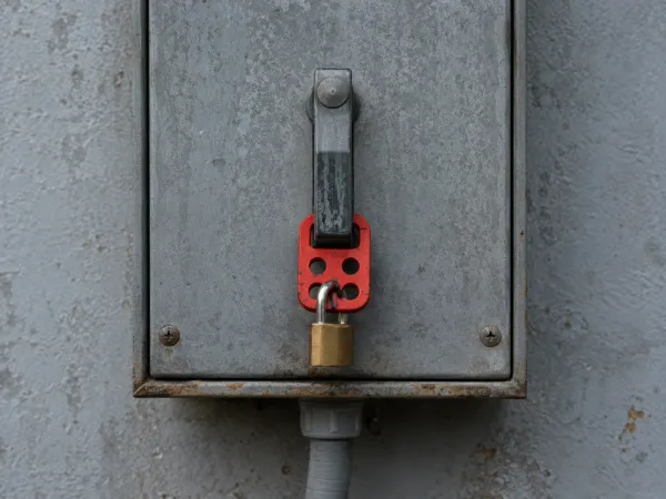 Illustration generated for Solar Power Magazine, 1 Sep 2026. Not a photograph. No real installation, product or document depicted. Illustration: an exterior AC safety disconnect with the handle in the off position, a red lockout hasp clamped through the handle staple and a brass padlock hung in it.