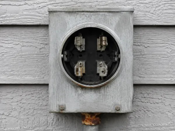 Illustration generated for Solar Power Magazine, 1 Sep 2026. Not a photograph. No real installation, product or document depicted. Illustration: a weathered exterior meter socket on grey clapboard siding with the meter removed, showing four jaw contacts and rust bleeding from the conduit hub below.