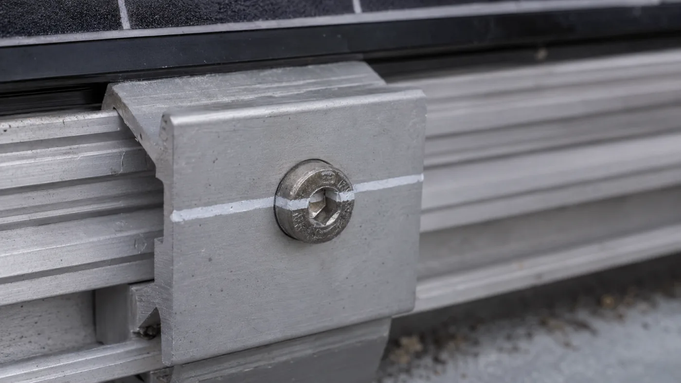 Illustration generated for Solar Power Magazine, 1 Sep 2026. Not a photograph. No real installation, product or document depicted. Illustration: an aluminium mid-clamp bolted to a solar mounting rail, with a white torque-marking line running across the bolt head and onto the clamp body, the two halves still aligned.